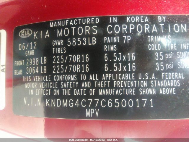 KNDMG4C77C6500171 KIA SEDONA LX