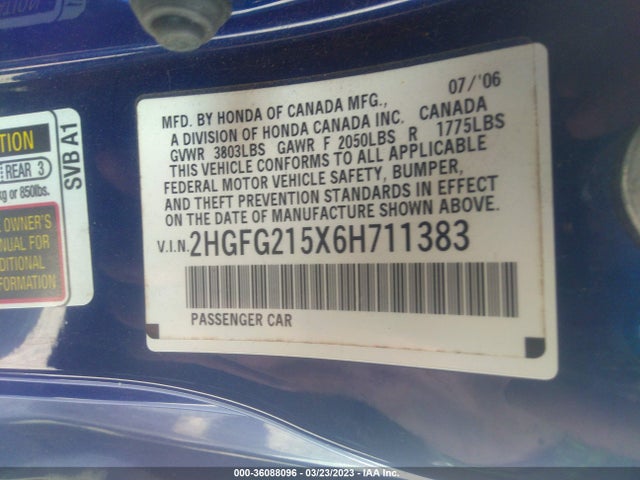 2006 HONDA CIVIC SI VIN: 2HGFG215X6H711383