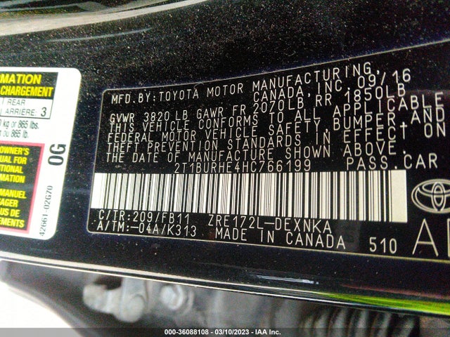 2017 TOYOTA COROLLA L/LE/XLE/SE VIN: 2T1BURHE4HC766199