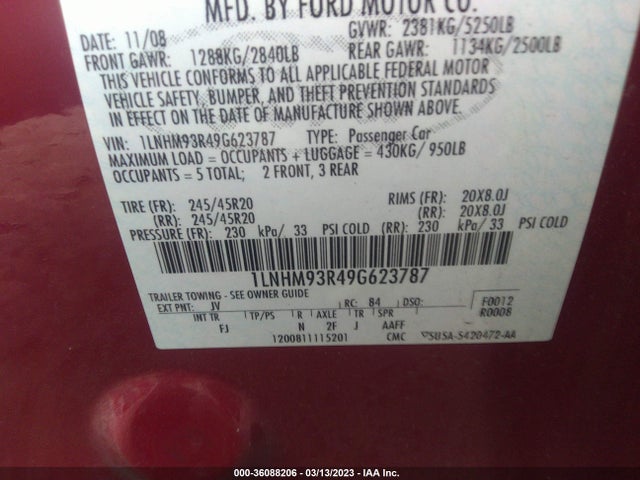 Lincoln MKS 2009 1LNHM93R49G623787 Image 10
