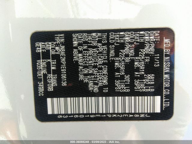 JN8AE2KP1E9106136 Nissan Quest Sv