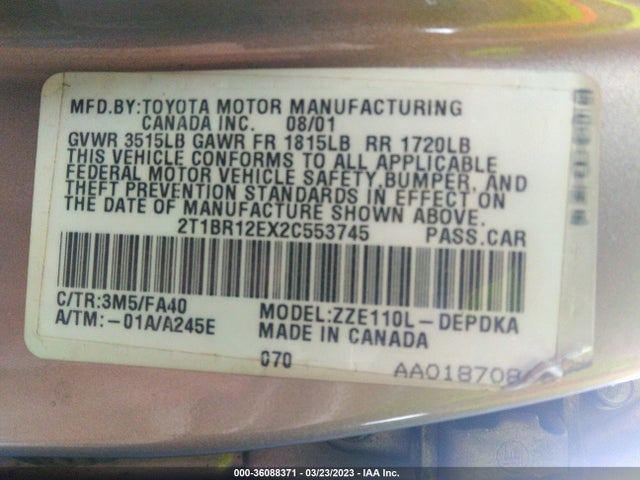 2002 TOYOTA COROLLA CE/S/LE VIN: 2T1BR12EX2C553745