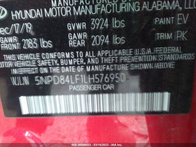 2020 HYUNDAI ELANTRA SEL VIN: 5NPD84LF1LH576950