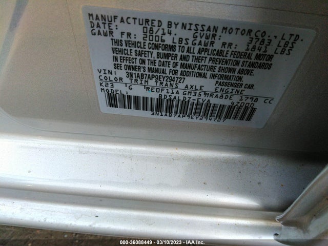 2014 NISSAN SENTRA SV VIN: 3N1AB7AP9EY294727