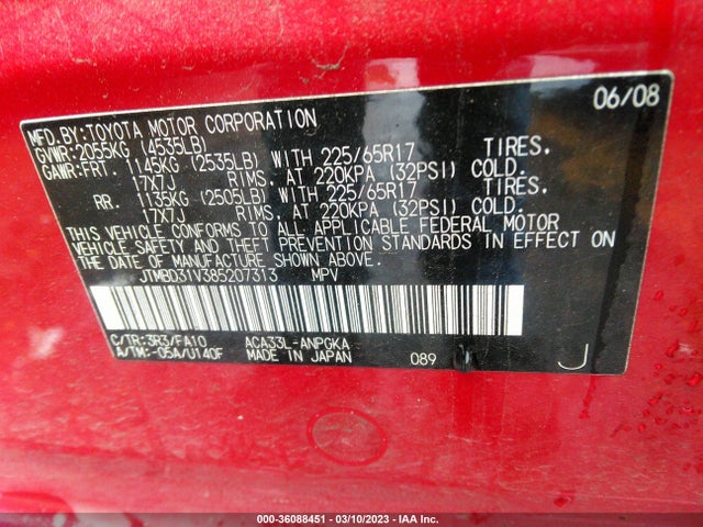 2008 TOYOTA RAV4 LTD VIN: JTMBD31V385207313