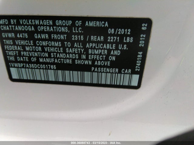 1VWBP7A35DC001765 Volkswagen Passat Se W/sunroof & Nav