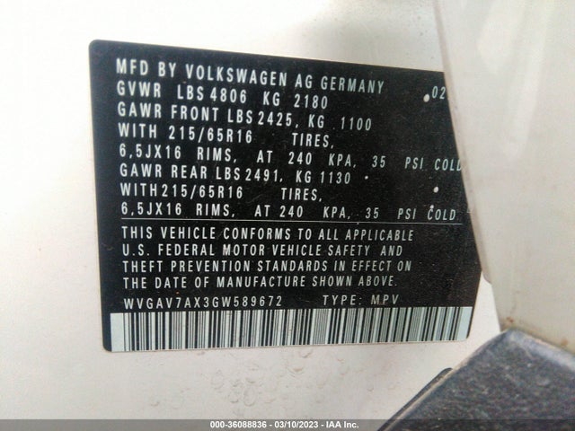 2016 VOLKSWAGEN TIGUAN S VIN: WVGAV7AX3GW589672