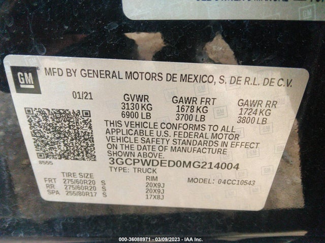 2021 CHEVROLET SILVERADO 1500 RST VIN: 3GCPWDED0MG214004