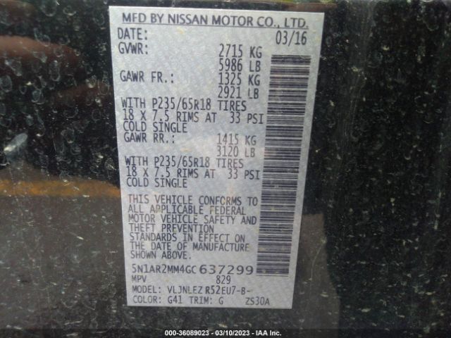 5N1AR2MM4GC637299 Nissan Pathfinder Platinum/sv/sl/s