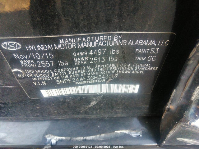 2016 HYUNDAI SONATA 2.4L SE VIN: 5NPE24AF3GH343117