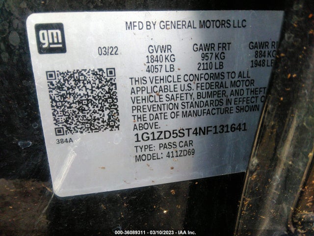 2022 CHEVROLET MALIBU LT VIN: 1G1ZD5ST4NF131641