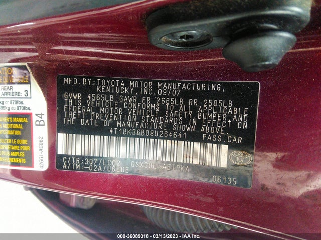 Toyota AVALON LIMITED 2008 4T1BK36B08U264641 Image 10