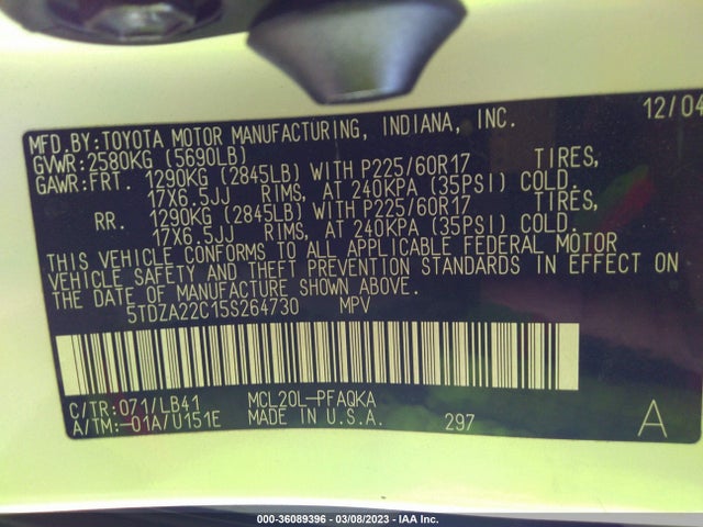 Toyota SIENNA XLE 2005 5TDZA22C15S264730 Image 10