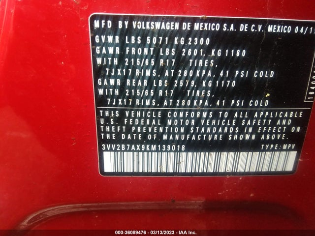 2019 VOLKSWAGEN TIGUAN SE/SEL/SEL R-LINE VIN: 3VV2B7AX9KM139018