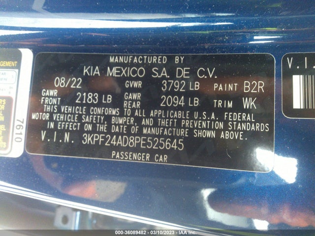 2023 KIA FORTE LXS VIN: 3KPF24AD8PE525645