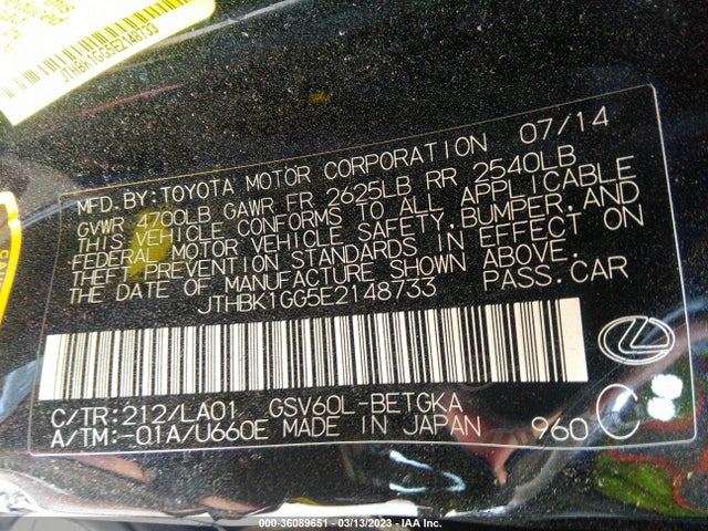 JTHBK1GG5E2148733 Lexus ES 350