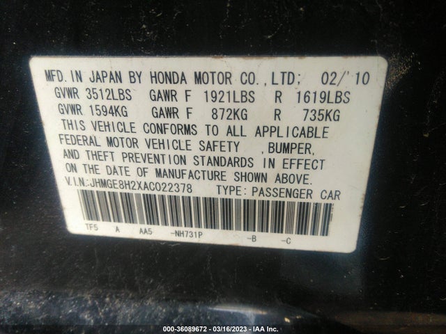 2010 HONDA FIT VIN: JHMGE8H2XAC022378
