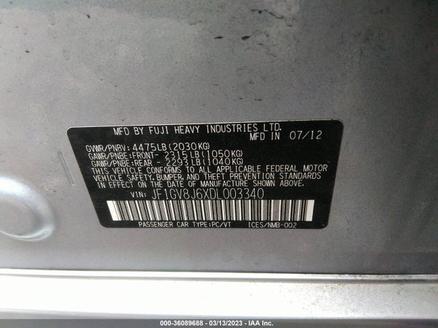 2013 SUBARU IMPREZA SEDAN WRX WRX STI VIN: JF1GV8J6XDL003340