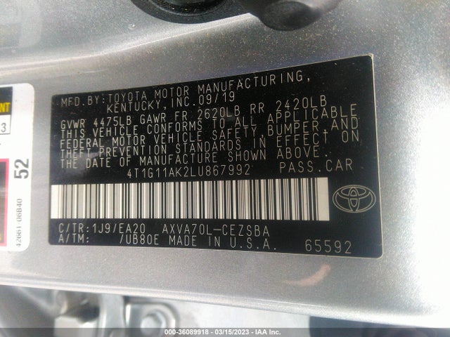 Toyota CAMRY SE 2020 4T1G11AK2LU867992 Image 10