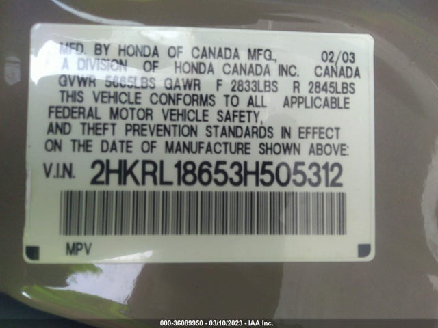 2003 HONDA ODYSSEY EX VIN: 2HKRL18653H505312