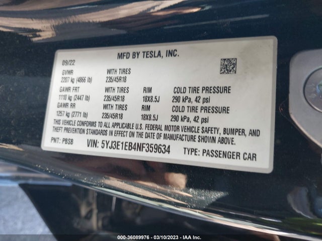 Tesla Model 3 Long Range 2022 5YJ3E1EB4NF359634 Image 11