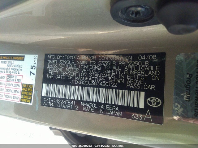 2008 TOYOTA PRIUS VIN: JTDKB20U383420122