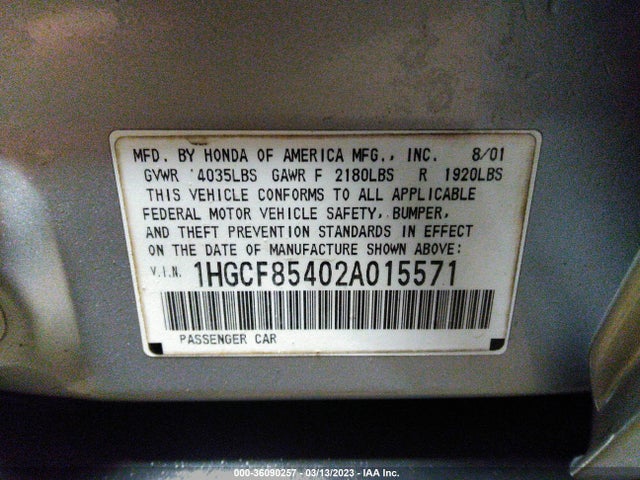 2002 HONDA ACCORD SDN DX VIN: 1HGCF85402A015571