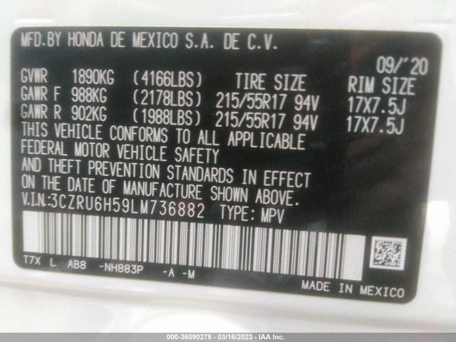 Honda HR-V EX 2020 3CZRU6H59LM736882 Image 9