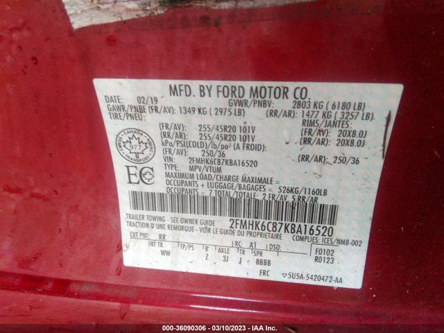 Ford FLEX SEL 2019 2FMHK6C87KBA16520 Image 10