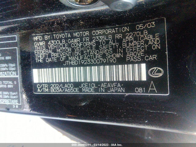 2003 LEXUS IS 300 VIN: JTHBD192330079190