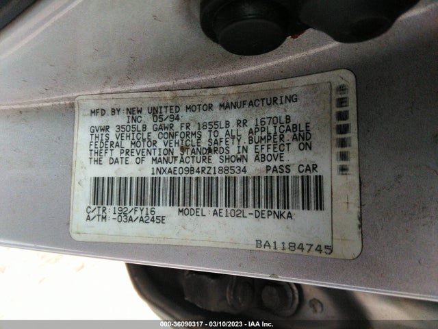 1994 TOYOTA COROLLA LE/DX VIN: 1NXAE09B4RZ188534