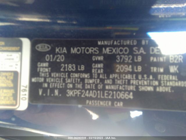 3KPF24AD1LE210664 KIA Forte Lxs