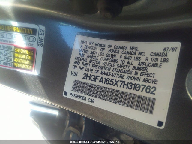 2007 HONDA CIVIC SDN LX VIN: 2HGFA165X7H310762
