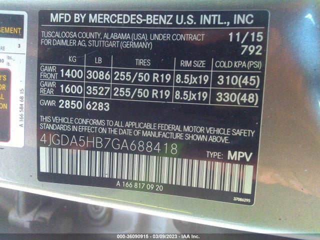 2016 MERCEDES-BENZ GLE GLE 350 VIN: 4JGDA5HB7GA688418
