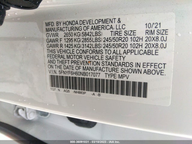 Honda Pilot Touring 7-passenger 2022 5FNYF6H60NB017077 Image 9