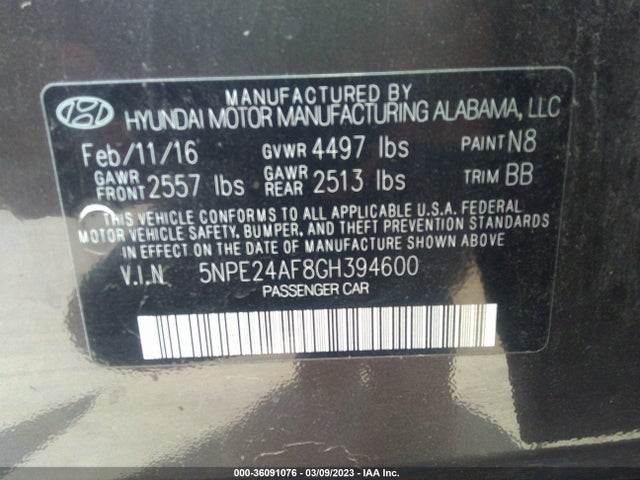 Hyundai Sonata 2.4l 2016 5NPE24AF8GH394600 Image 10