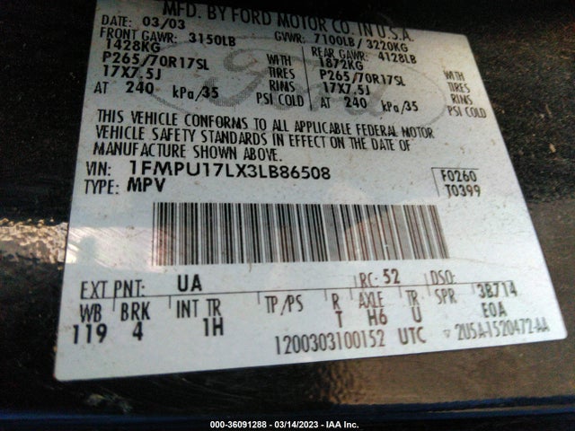 2003 FORD EXPEDITION EDDIE BAUER VIN: 1FMPU17LX3LB86508