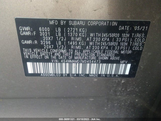 Subaru Ascent Limited 2021 4S4WMAMD7M3454473 Image 10