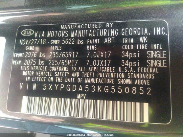 5XYPGDA53KG550852 KIA Sorento Lx V6