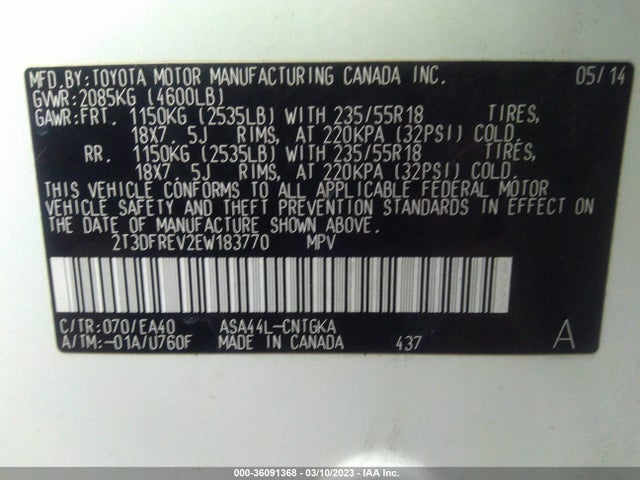 Toyota Rav4 Limited 2014 2T3DFREV2EW183770 Image 9