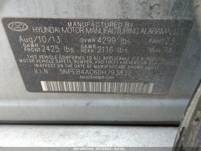 2013 HYUNDAI SONATA GLS VIN: 5NPEB4AC6DH793832