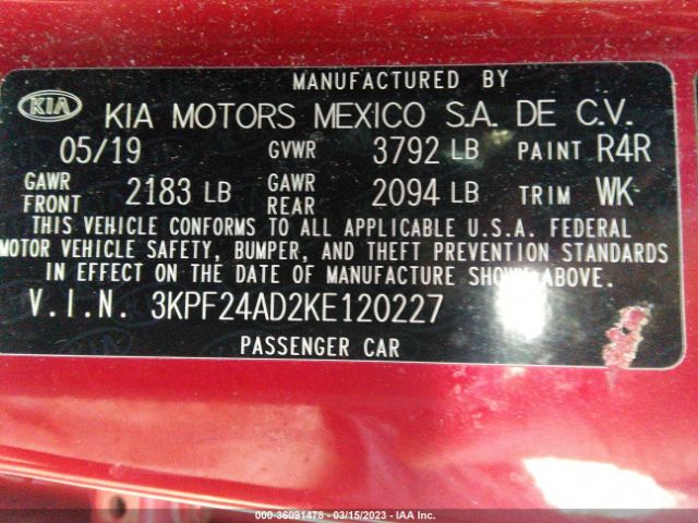 3KPF24AD2KE120227 KIA Forte Lxs