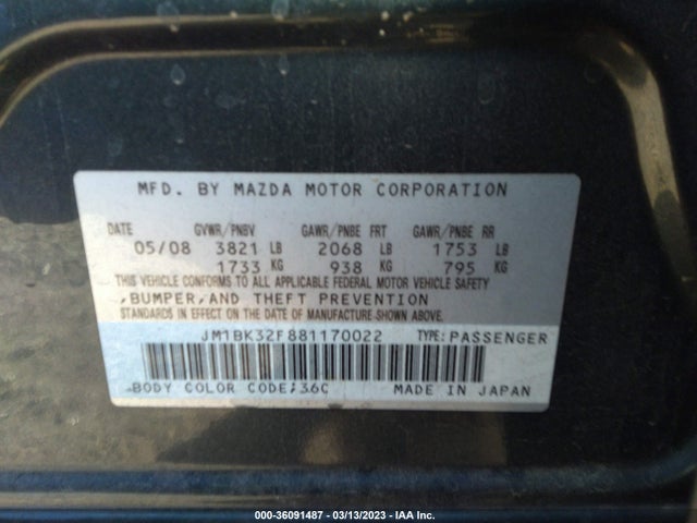 2008 MAZDA MAZDA3 I TOURING VALUE VIN: JM1BK32F881170022