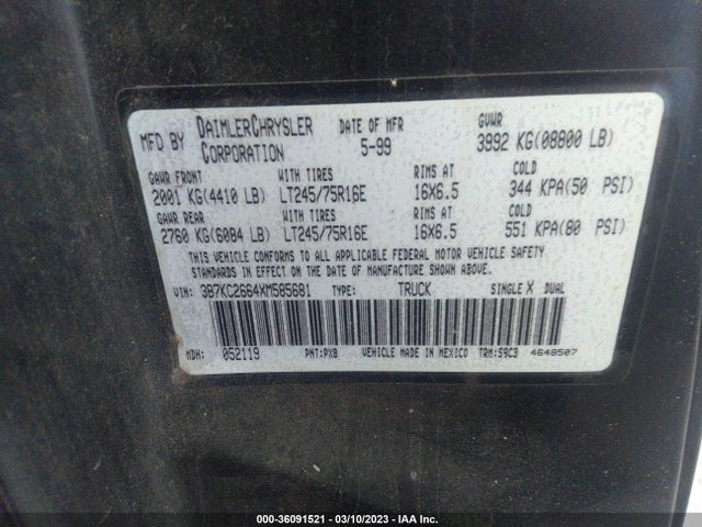 1999 DODGE RAM 2500 VIN: 3B7KC2664XM585681