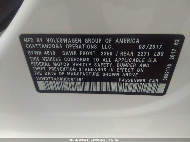 1VWDT7A38HC061761 Volkswagen Passat R-line W/comfort Pkg