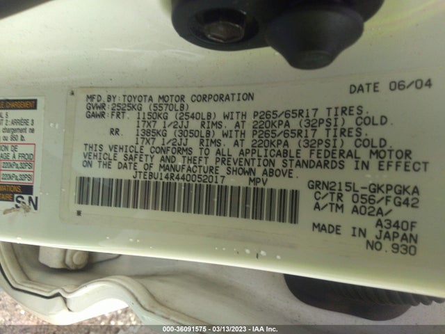 2004 TOYOTA 4RUNNER SR5 VIN: JTEBU14R440052017