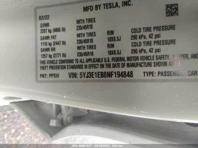 5YJ3E1EB8NF194848 Tesla Model 3 Long Range