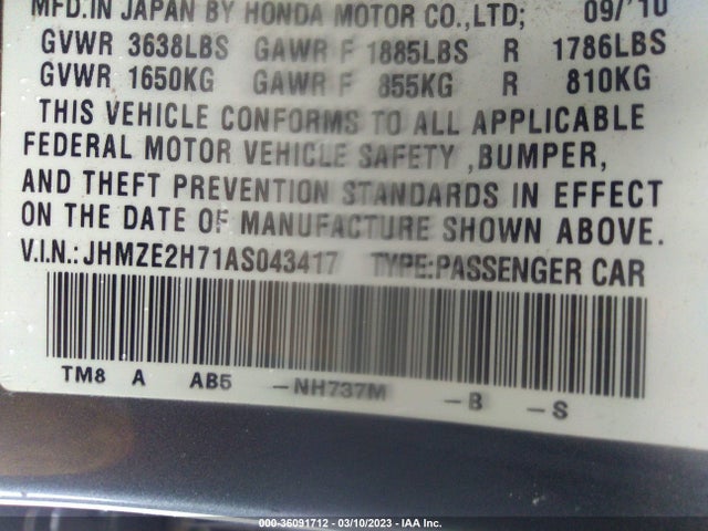 2010 HONDA INSIGHT EX VIN: JHMZE2H71AS043417