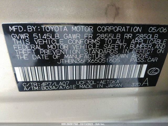 2006 LEXUS LS 430 VIN: JTHBN36FX65051605