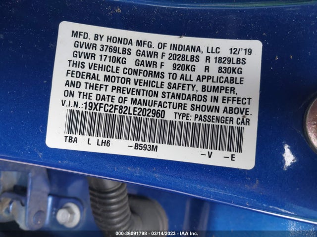 2020 HONDA CIVIC SEDAN SPORT VIN: 19XFC2F82LE202960